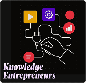 A digital illustration of a hand connecting icons representing knowledge, entrepreneurship, and innovation for entrepreneurs and learners.