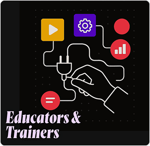 A hand connecting icons representing education, training, and digital tools for online learning and professional development, symbolizing the essence of educators and trainers in a connected digital environment.