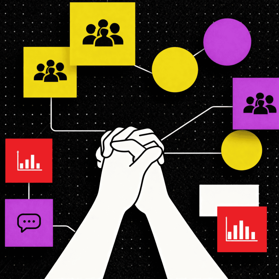 Illustration of hands clasped together with interconnected icons representing teamwork, data analysis, and communication, emphasizing collaboration and strategic planning.