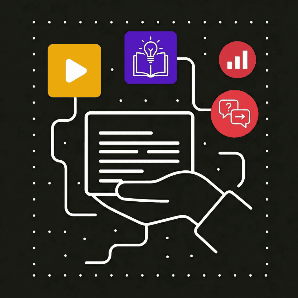 An abstract digital illustration featuring a hand holding a tablet with icons representing ideas, analytics, communication, and media, set against a dark background with dotted accents.
