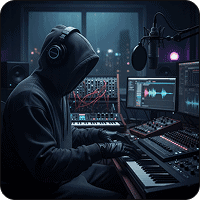 High-quality image of a music producer wearing a hoodie and headphones working with electronic music equipment in a modern studio setting.
