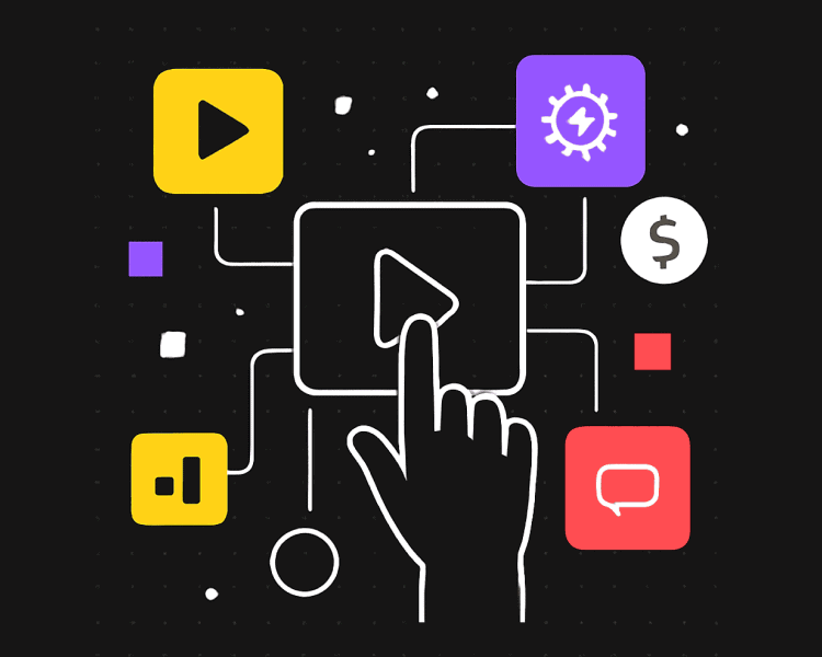 Illustration of a hand clicking a central play button surrounded by icons representing video, settings, dollar sign, and chat, symbolizing multimedia content creation and digital services.