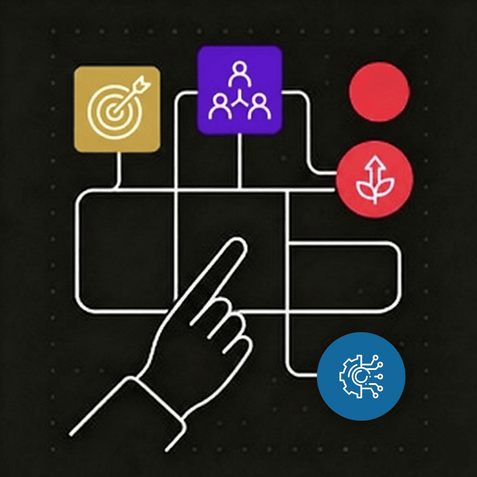 Illustration of a hand connecting various icons representing goals, teamwork, growth, and technology, symbolizing diverse skills and expertise.