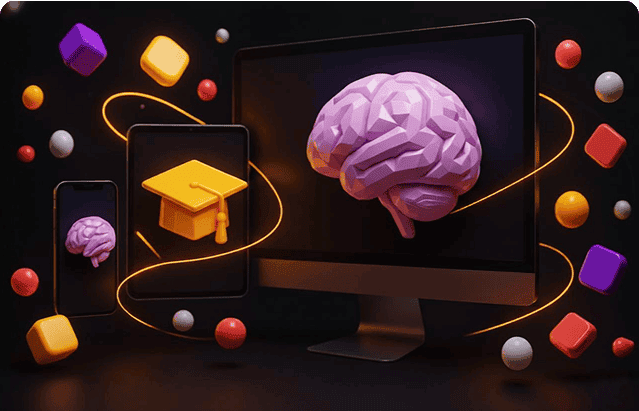 Digital illustration of a brain connected to multiple devices, symbolizing knowledge, learning, and technology integration for educational and creative purposes.
