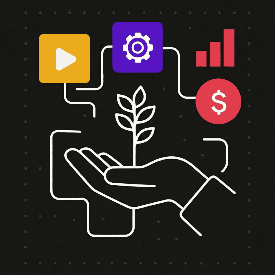 Illustration of a hand nurturing a plant with icons representing video, settings, growth, and money, symbolizing digital growth and online success strategies.