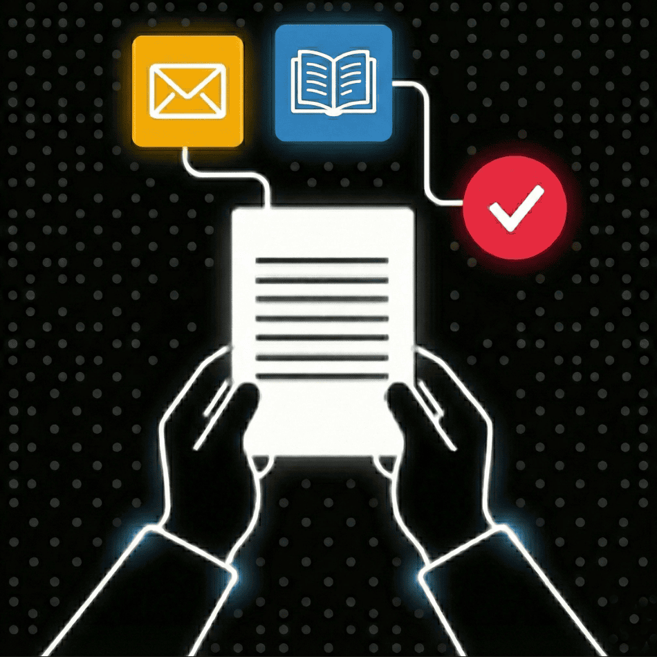 Illustration of a person holding a smartphone with icons for email, books, and a checkmark, symbolizing communication, learning, and verification.