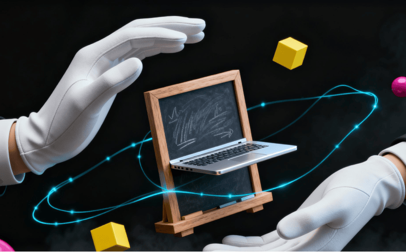 A futuristic digital illustration featuring a robotic hand, a miniature laptop on a stand, and floating geometric shapes representing technology and innovation.